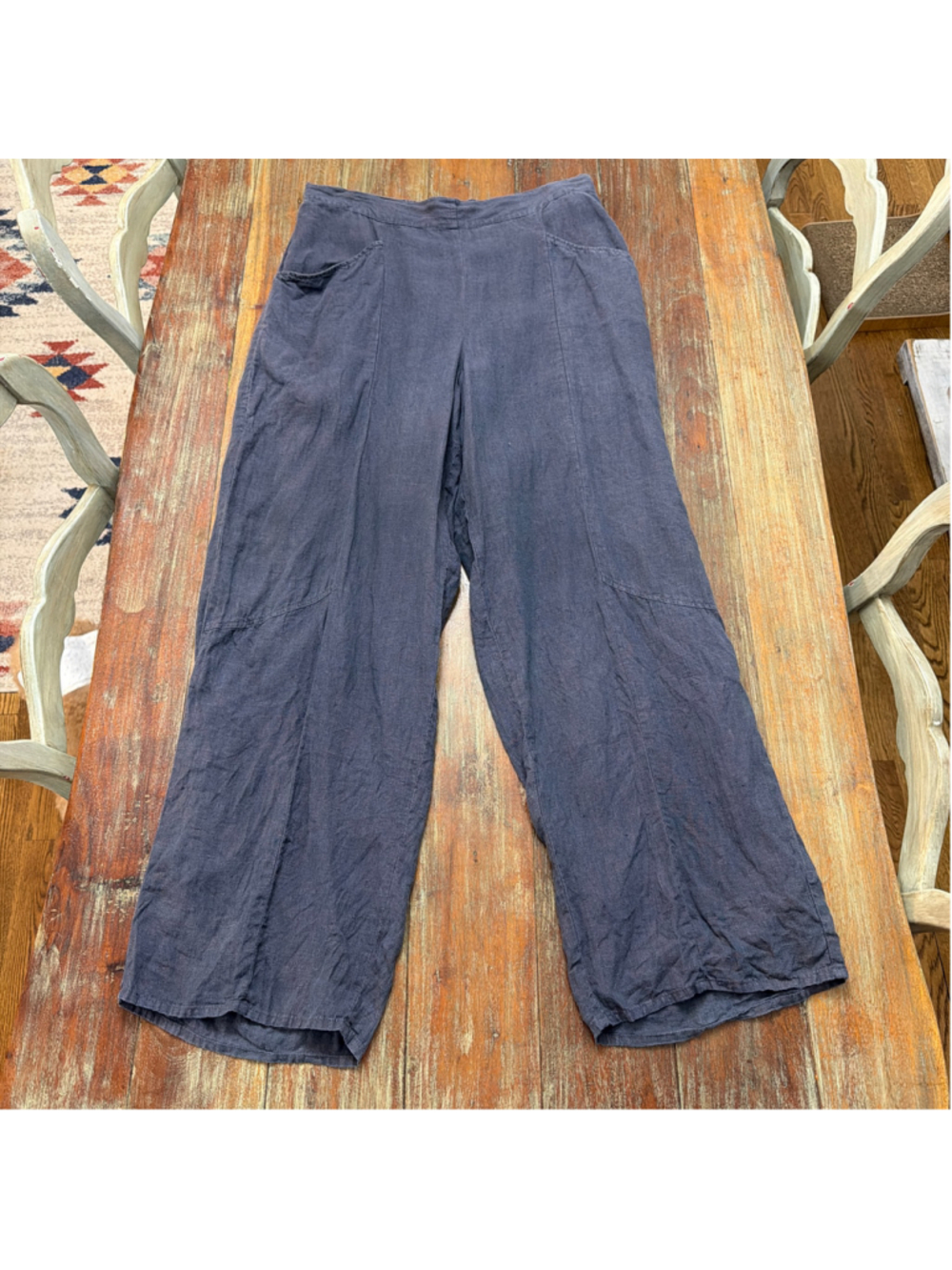 FLAX Linen Wide Leg Pants Size Large Slate Blue Purple Elastic Waist Relaxed